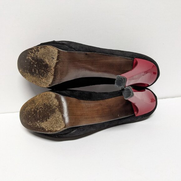 Stuart Weitzman Red and Black Suede Stiletto Peep Toe Heels Puente Size 9.5 - Picture 7 of 7